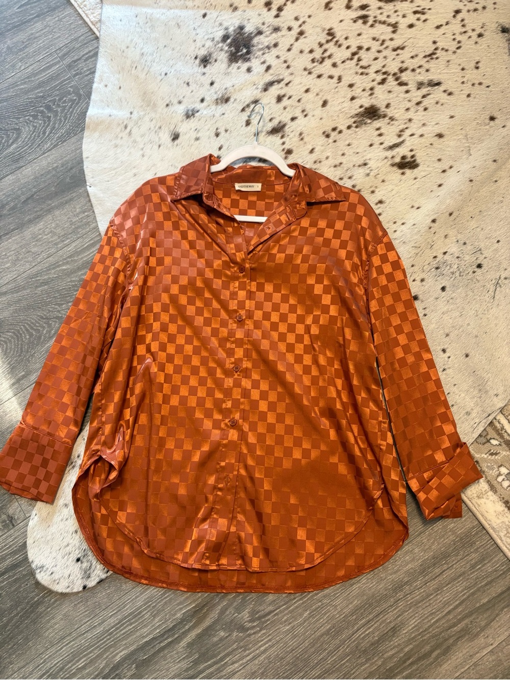 Orange Check Satin Shirt - Lightweight Button-Down